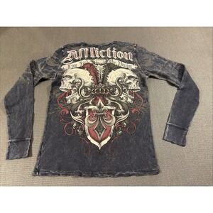 Vintage Rare Affliction Muscle Thermal Shirt Gray Red Dual Skulls Gothic Large